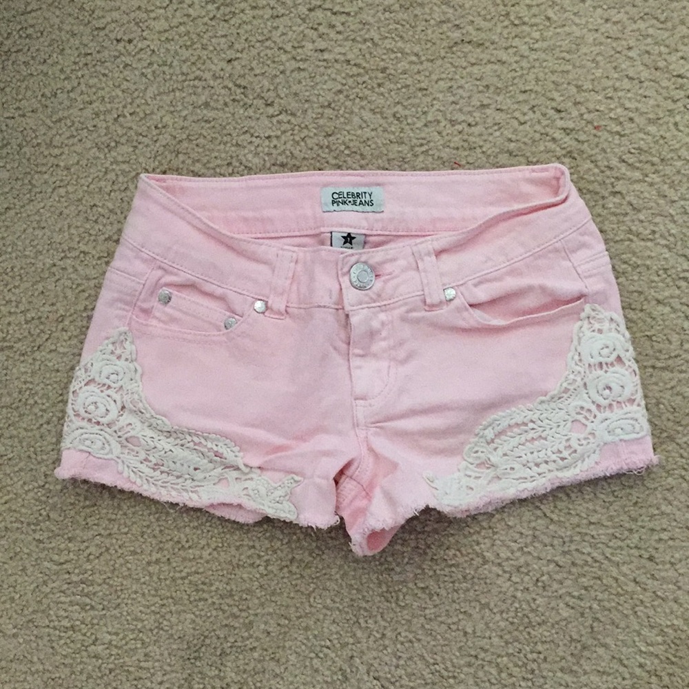 Y2K 90s CELEBRiTY PiNK Low Rise Jeans Shorts ladies 1 baby pink cream crochet